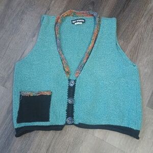 Vinatge Knit Art To Weatbutton Vest Teal Multicolor Trim Granny Size Medium